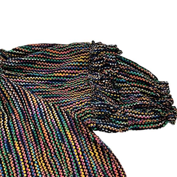 Ramy Brook Eugenia Ruffle Sleeve Top Large Rainbow Dot Stripe Split Neck Peasant - Picture 3 of 12